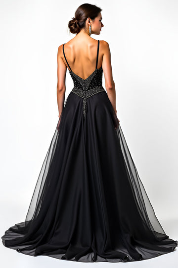 Sparkly Black A Line Spaghetti Straps Long Forma Dress